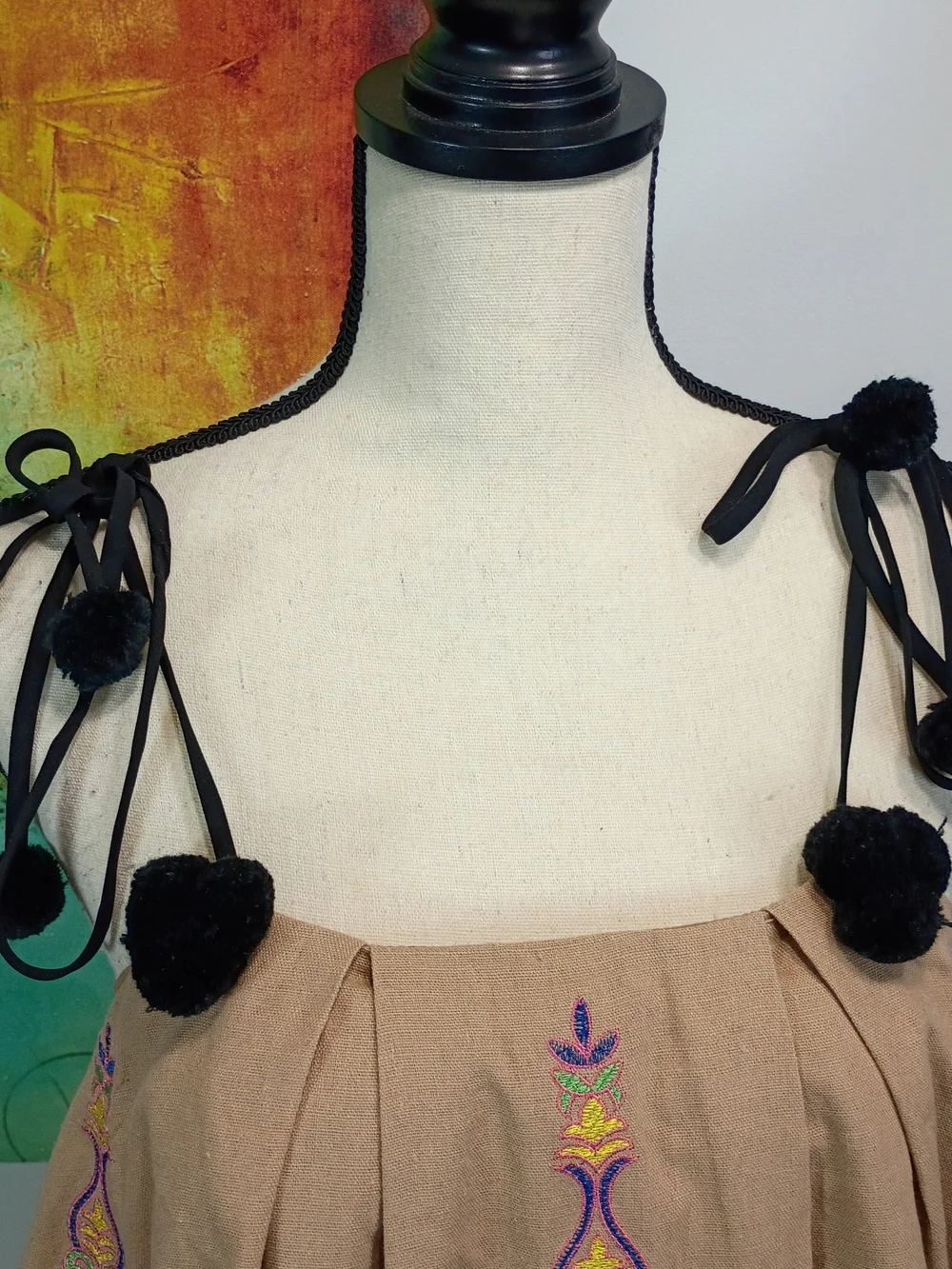 Endless Rose Embroidered Tan Shift Top With Pom Pom Shoulder Ties - Picture 2 of 8